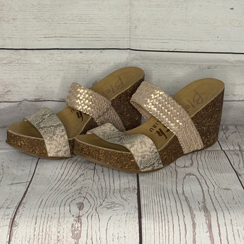 Blowfish Malibu Womens 8.5 Wedge Sandals Snakeskin Metallic Braided Cork B138
